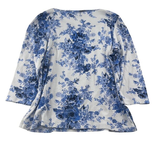 Liz Claiborne First Issue Blue Floral Long Sleeve Top XL 100% Cotton 3/4 sleeves - Picture 5 of 5